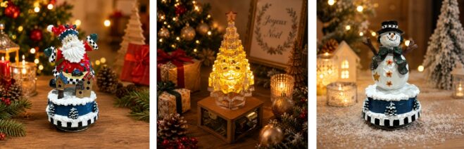 サンタクロース、クリスマスツリー、スノーマンのクリスマス限定オルゴール