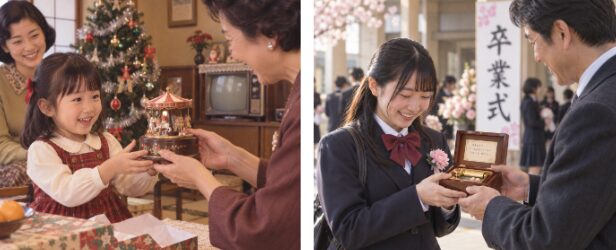 クリスマスにオルゴールを贈られて喜ぶ少女と、卒業式でオルゴールを贈られる女子生徒